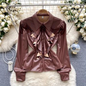 Damesblouses Dames Blusas Mujer Turn-down kraag Gelaagde ruches Leren blouse Dames Overhemdmouwen Frans Chic Herfst Camisas Effen