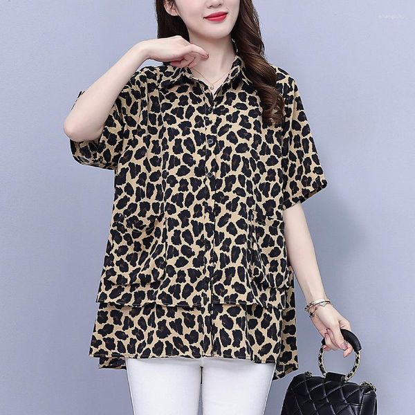 Blusas de mujer, camisa bohemia con estampado de leopardo, Blusas holgadas con botones Vintage, Túnica informal, blusa de manga corta con solapa de primavera y verano