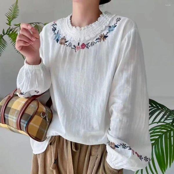 Blusas de mujer Boho Jersey Chicas Mori otoño primavera estilo japonés manga larga étnico blanco bordado algodón hilo Tops