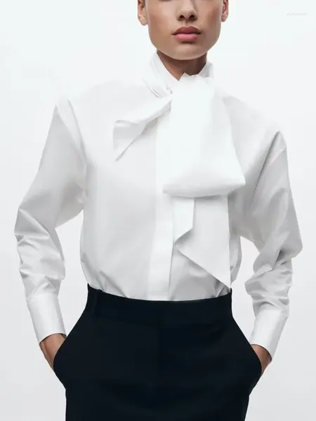 Blouses Femmes Femmes Bow Tie Cou Chemises Blanches Mode À Manches Longues Bureau Dames Style Simple Casual Élégant Chemisier De Trajet Tops