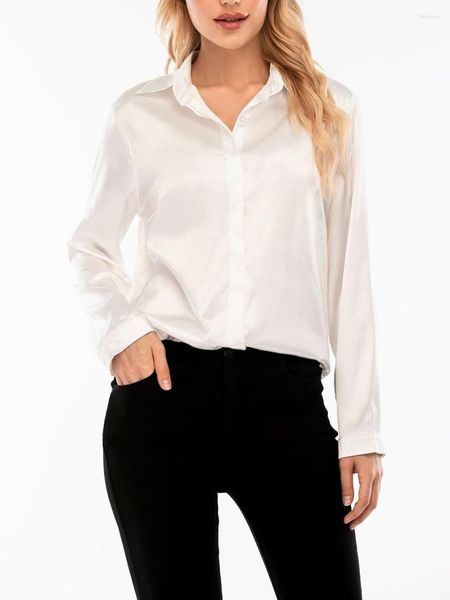 Blouses pour femmes Femmes Chemises en satin boutonnées à manches longues Col en V Couleur unie Coupe classique Bureau de travail