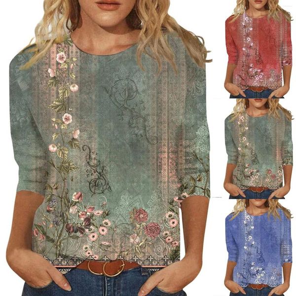 Blouses Femmes Femmes Bouton Splicing Demi-ouvert O Cou T-shirt Élégant Fleur Botanique Imprimer T-shirts À Manches Sept-Quarts Femme Casual Lâche