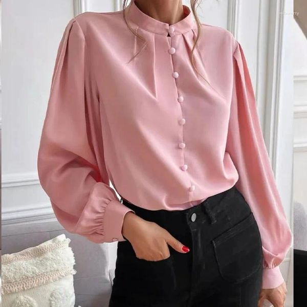 Blusas de mujer Camisas con cuello levantado y botones para mujer Blusa informal de manga larga para mujer de oficina Camisa holgada OL Tops holgados Rojo/Rojo vino/Negro