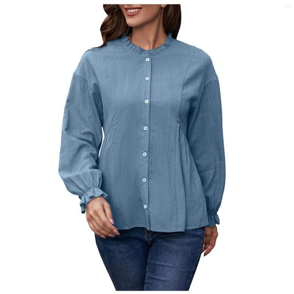 Blusas de mujer Camiseta con botones hacia abajo Blusa de manga larga Color sólido Top Algodón Lino Volantes Camisas O-cuello Elegante Casual Trabajo de oficina