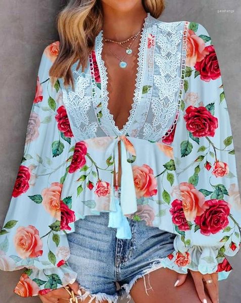 Blouses Femmes Femmes Casual Quotidien Streetwear Plongeant Col en V Imprimé Floral Ourlet Volant Détail Noué Taille Volant Lanterne Manches Longues Hauts