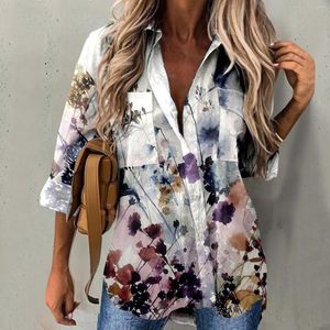 Blusas de mujer Camisa de moda informal para mujer Camisas con botones de manga larga Bolsillo estampado Cuello vuelto Todo blanco