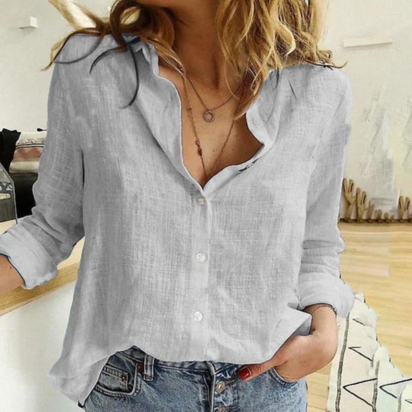 Blusas de mujer Mujer Casual Manga Larga Algodón Lino Camisa Suelta Elegante Sólido Harajuku Solapa Blusa Vintage Oversize Tops Streetwear Túnica