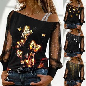 Blouses pour femmes Femmes Casual Sequin Imprimer Mesh Manches Longues Épaules Froides Yoga Workout Vêtements 2xl Chemises Pack Femmes Et Tops