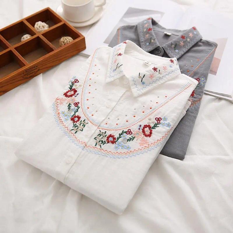 Women's Blouses Women Casual Shirt Lapel Long Sleeve Embroidered Flower Pattern Single Breasted Loose Fit Tops