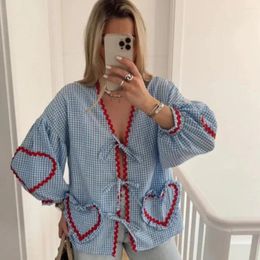 Women's Blouses Women Casual Shirt V-Neck Lantern Lange Mouw Top met voorste band Plaid Print Decor Loose Fit Tops Streetwear