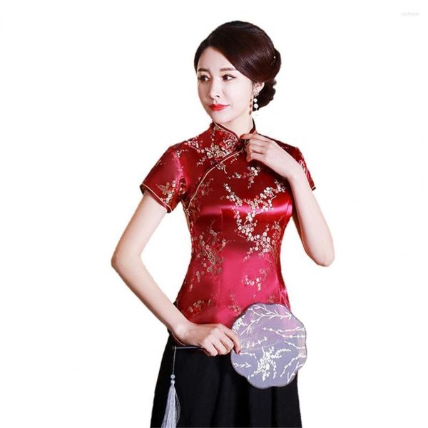 Blouses pour femmes femmes Cheongsam Blusas chemise Style chinois prune imprimer été automne exquis boucles col montant haut pour mariage