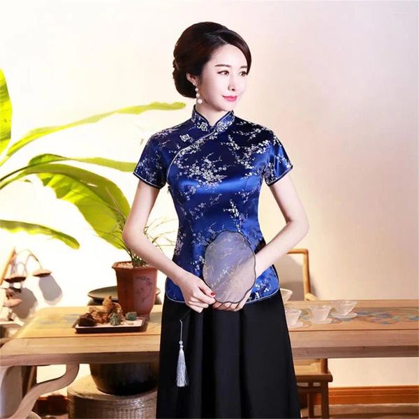 Blusas de mujer camisa Cheongsam estilo chino estampado de ciruela verano otoño Top hebillas exquisitas cuello alto señora