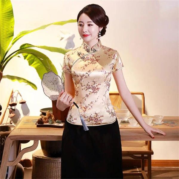 Blouses pour femmes Femmes Cheongsam Chemise Style chinois Plum Print Summer Top Boucles exquises Collier montant pour le mariage