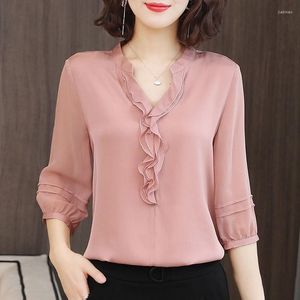 Dames blouses dames chiffon shirt lente zomer ruches v-neck stevige kleur shirts vrouwelijke Koreaanse stijl casual kleding elegante blouse tops