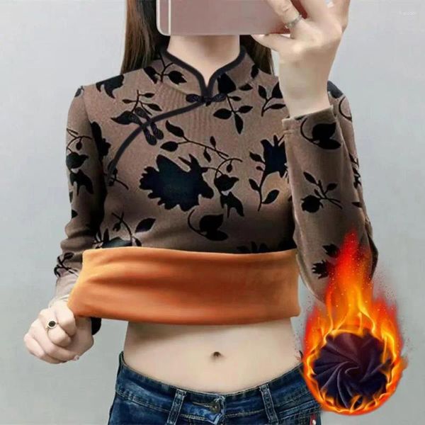 Blouses pour femmes femmes chinois Cheongsam supérieur automne d'hiver enleceau bordure florale à plaid à plaid à demi-haut à demi-haut-nœud de nœud décor traditionnel qipao