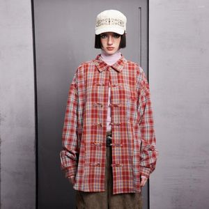 Dames blouses vrouwen Chinese stijl streetwear mode hiphop losse casual plaid shirts met lange mouwen universitaire behuizing oversize paar