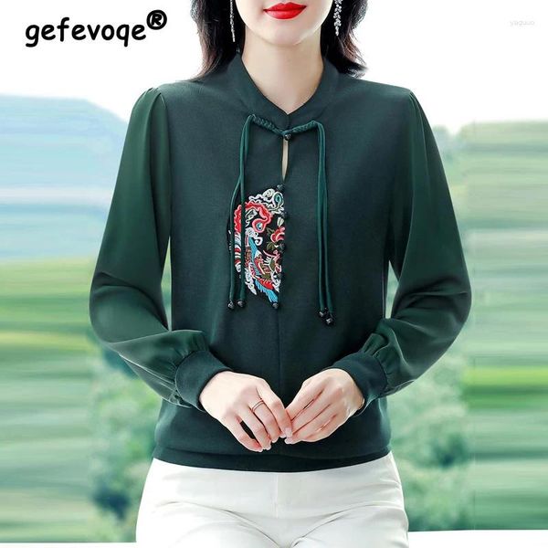 Blouses de mujer Estilo chino Bordado vintage Bordado hueco BLUSIÓN Elegante Coloque Chiffon Patchwork Shirt Tops sueltos