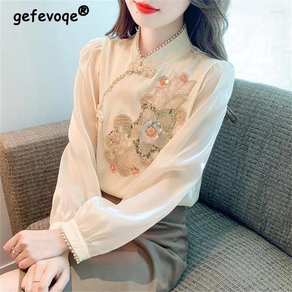 Blouses Femmes Femmes Style Chinois Vintage Broderie Design De Luxe Mode Élégant Chic Perlé Paillettes Chemises Femme À Manches Longues Tops