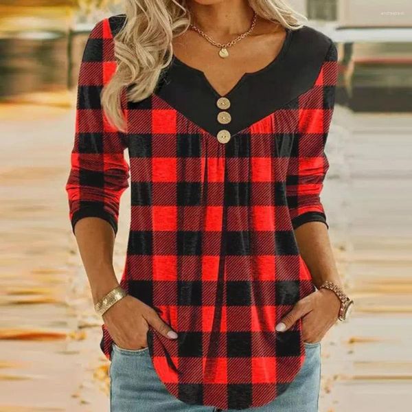 Blouses Femmes Femmes Noël Plaid Couture Imprimer Blouse Col V Manches Longues Tunique Tops Boutons Décor Mi-longueur Streetwear