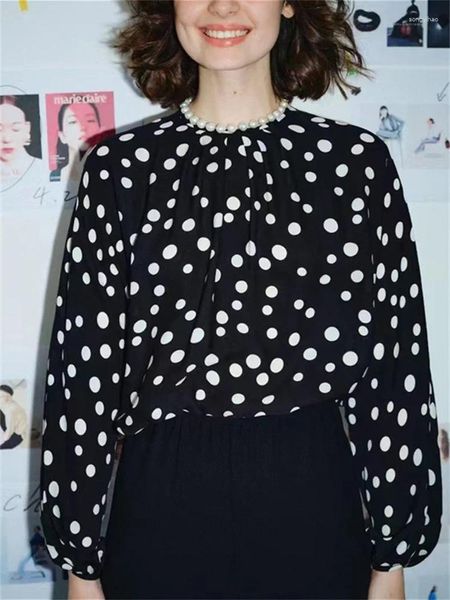 Blouses Femmes Femmes Classique Noir Blanc Polka Dot Imprimer Blouse 2024 Printemps Rétro Dames O-cou À Manches Longues Chemise Élégante