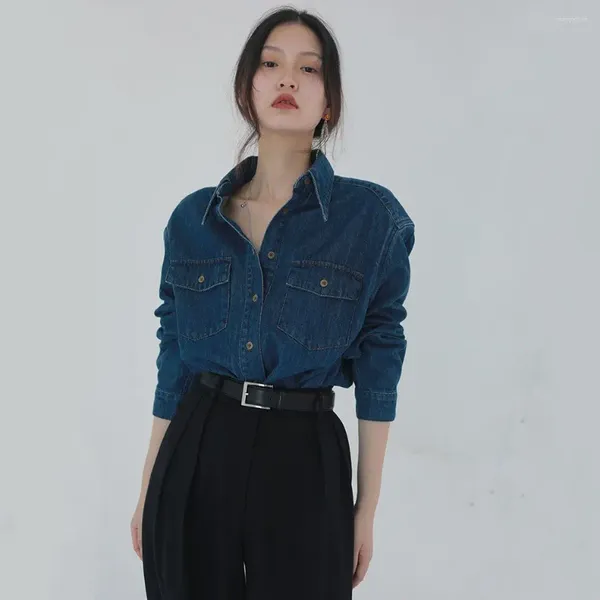 Blouses Femmes Femmes Vêtements Bleu Denim Chemise 2023 Automne Jeans à simple boutonnage Femme Poches Lâche Mode Revers Cowboy Blusas