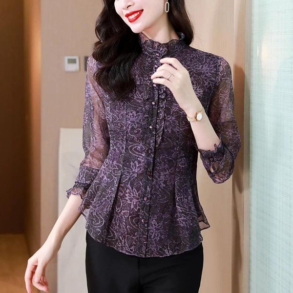 Blusas de mujer Ropa de mujer Camisas de encaje púrpura sólido Primavera suelta Vintage Jacquard Blusa de moda francesa Mujer madura Tops elegantes