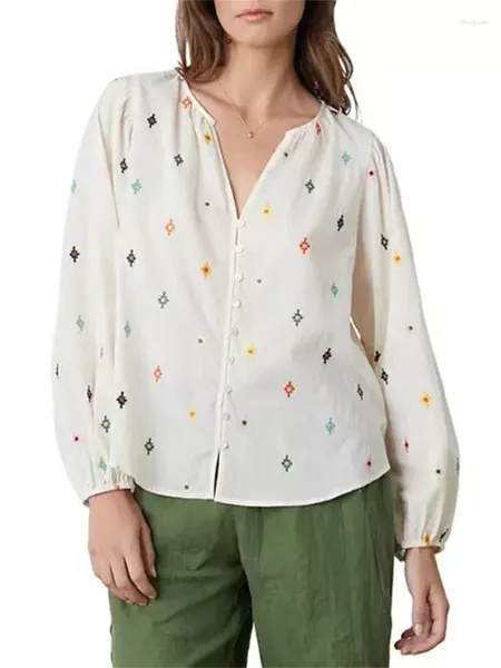 Chemisier brodé coloré en coton pour femme, ample, col en v, manches longues bouffantes, simple boutonnage, rétro, petit haut