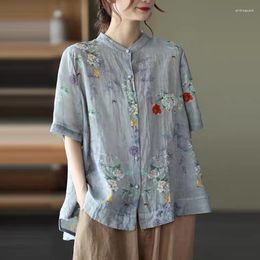 Bluzki damskie damskie bawełniane lniane koszule na co dzień przyjazd 2023 lato w stylu Vintage kwiatowy Print luźna damska bluzka z krótkim rękawem B733