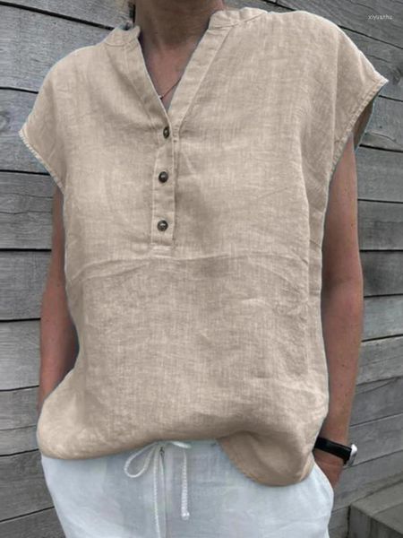 Blusas de Mujer Blusa de Verano de Lino de algodón para Mujer Color sólido Simple Manga Corta Cuello en V Camisas de Secado rápido Ropa Diaria Ropa Mujer Blusas