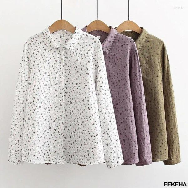 Blouses Femmes Femmes Coton Fil Chemises Floral Imprimé Blanc À Manches Longues Automne Lady Tops Style Coréen