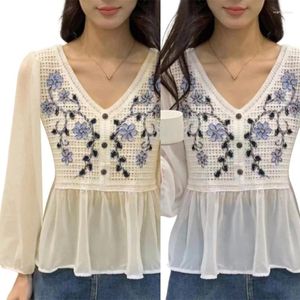 Blouses pour femmes Femmes Crochet Flower Shirt Elegant Puff Sleeve bouton V-col