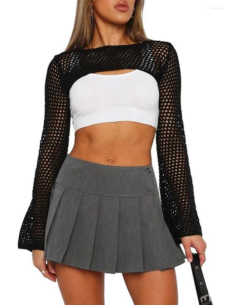 Blouses Femmes Femmes Crochet Shrug Été Tricot Boléro Noir Tops Solide Couleur Creux Out Tricoté Col Rond Manches Longues Streetwear