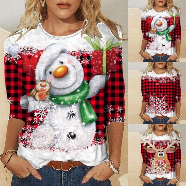 Blouses Femmes Femmes Quotidien Noël Plaid Imprimé O Cou Hauts Trois Quarts Manches Rond T-shirt Imprimé Fleur Lâche Côté Fendu Blouse