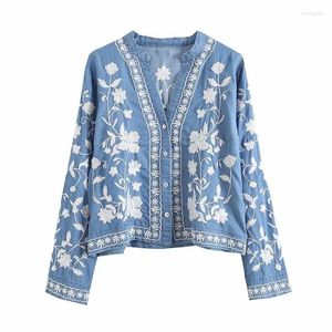 Blouses pour femmes chemisier de Denim Femme Poncho broderie à épaule arrière kimono bouton jeans soft été printemps d'été