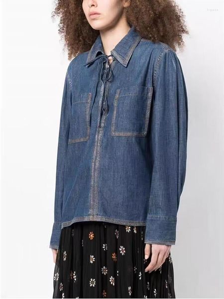 Blouses pour femmes Femmes Cordon Col Rabattu Denim Court 2023 Printemps Été Dames Rétro Chemise À Manches Longues Et Hauts