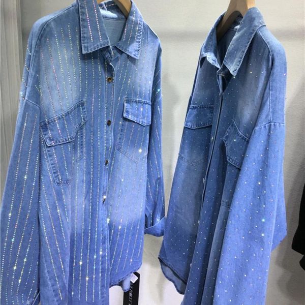 Blusas de mujer, camisas con diamantes de perforación para mujer, abrigo clásico de mezclilla azul, suelto, longitud media, pantalones vaqueros con diamantes de imitación, cárdigan de otoño, Blusas