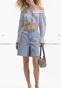 Blouses pour femmes Femmes Début du printemps Bleu et Blanc Stripe Drop Épaule Courte Taille Casual Top