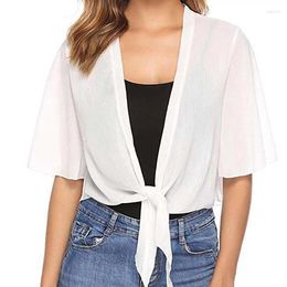 Blouses Femmes Femmes Élégantes Crop Tops Cover Ups Cardigan En Mousseline De Soie Couleur Unie Demi Manches Wraps Châles Casual Crème Solaire Lumière Été