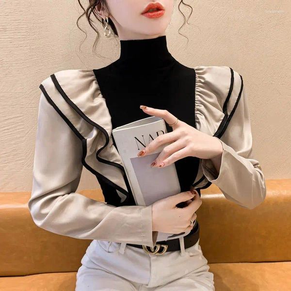 Blouses de femmes Femmes Élégant Design Ruffled Casual All-Match Office Dames Korean Style Automne Fashion Pathwork Mock Neck F51