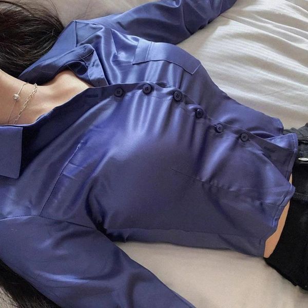 Blouses de femmes femmes élégantes femelles sexy solide satin couchés tops coréens à manches longues Shirts de mode