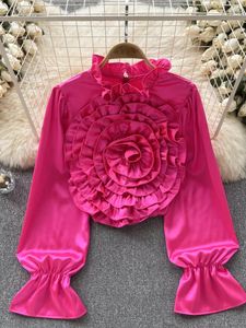 Blouses des femmes Femmes Elegant French Blouse Spring Automne Lantern Lantern Long Sheve Shirts Ladies 3d Fleur Satin Top