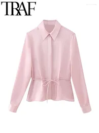 Damesblouses vrouwen elegante roze slanke vlek shirt 2024 zomer zomerse lange mouw prachtige knoppen veter afgezette vrouwelijke top y2k blouse