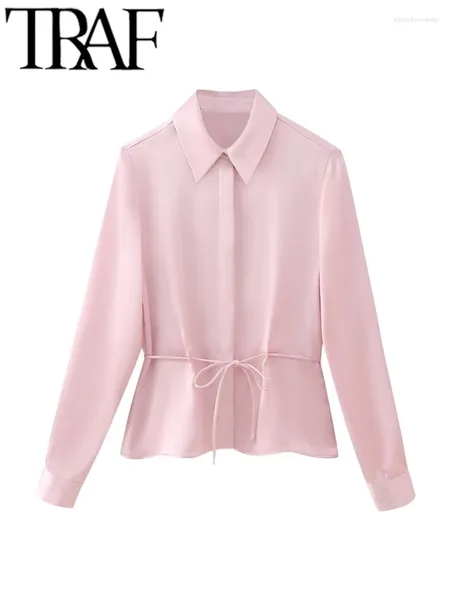 Blouses des femmes Shirt de coloration rose élégant 2024 Summer à manches longues Boutons exquis lace-up a été féminin top y2k chemisier