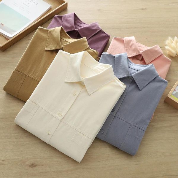 Blusas para mujeres Mujeres Elegantes blusa de algodón sólido Spring Tops Fashion Coreano Gran tamaño Lapa de manga larga Camisa suelta Dama de gran tamaño