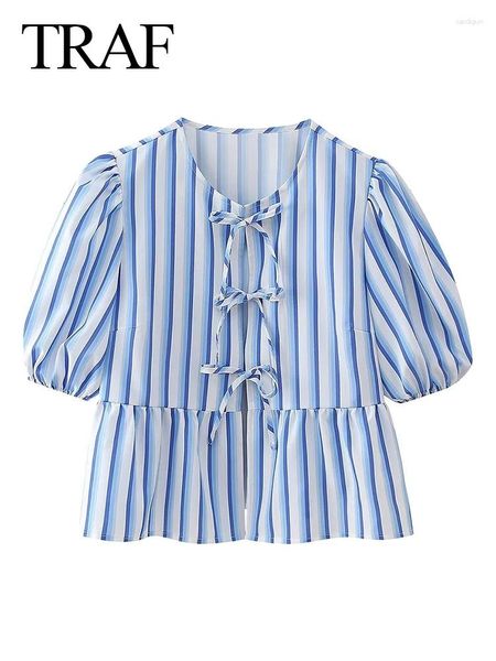 Blouses des femmes Femmes Élégant Stripe Lace Up Up Top 2024 Fashion Bow Half Mancheve Loose Tops Femme Spring Summer Retro All Match Lady