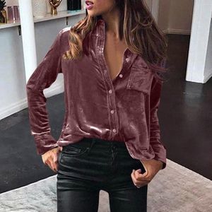 Blusas femininas elegantes blusa de veludo casual sólido solor topos manga longa camisa solta com botão negócios roupas quentes blusas