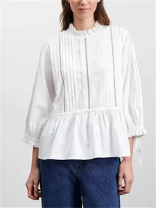 Blusas de mujer Blusa con cuello con volantes y bordado para mujer primavera 2024 con cordones camisa dulce de manga larga con espalda para mujer