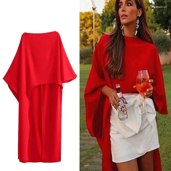 Blouses Femmes Femmes Mode Asymétrique Cape Blouse Rouge Col Rond Manches Longues Femmes Dessus De Chemise 2024 Automne Casual Cape