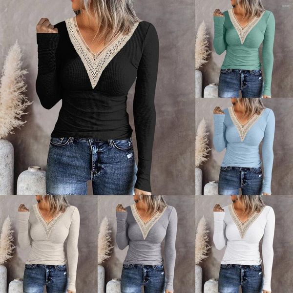 Blusas de mujer Moda mujer Casual Túnica Tops Color sólido Encaje V Llanura Manga larga Slim Fit Camisas para cuello redondo T Blusas Camisas