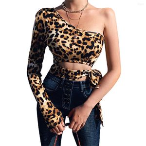 Women's Blouses Women Fashion Leopard Crop Tops One Shoulder Long Sleeve Skew Collar Cut Out Tie TAY TAIUS VANG SLIME SHIRTS